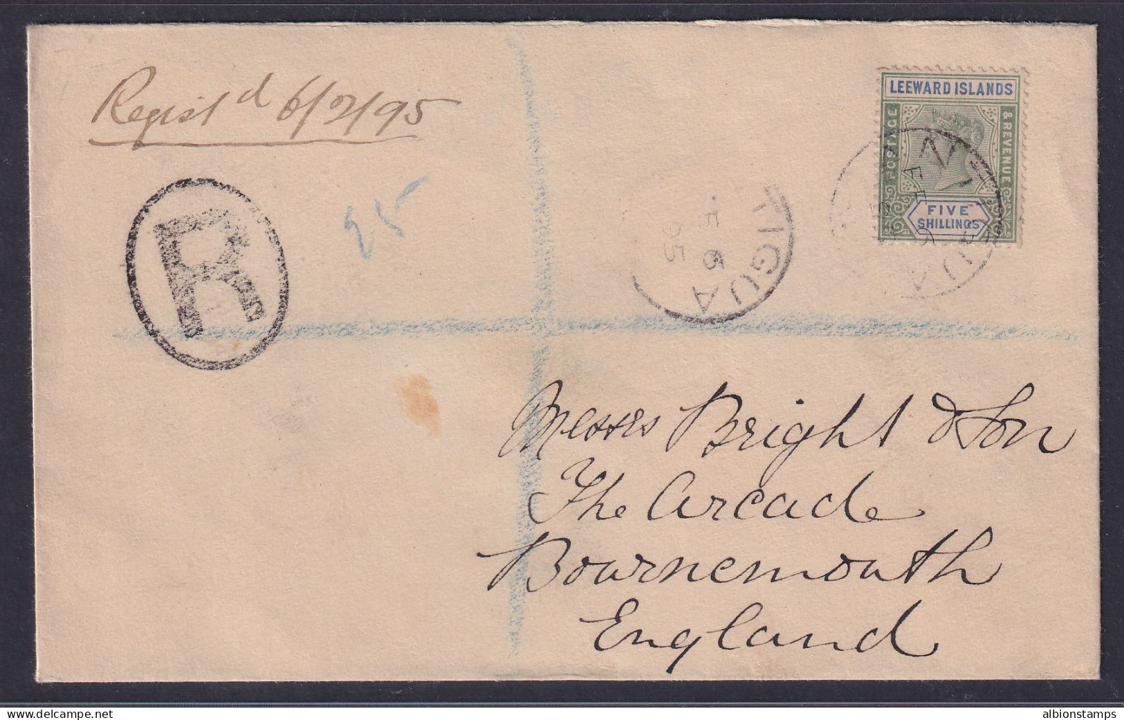 Leeward Islands, Scott 8 (SG 8), On 1895 Antigua Registered Cover To England - Leeward  Islands