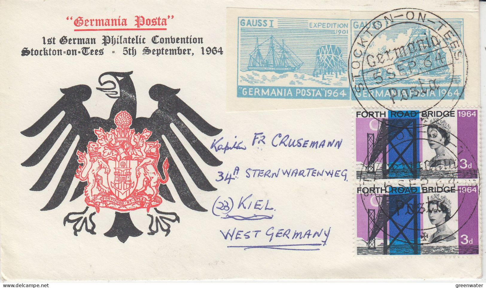 UK / Germany 1st German Philatelic Convention Stockton-on-Tees Cover 2 Gauss Labels Ca 5 SEP 1964 (FG171) - Navires & Brise-glace