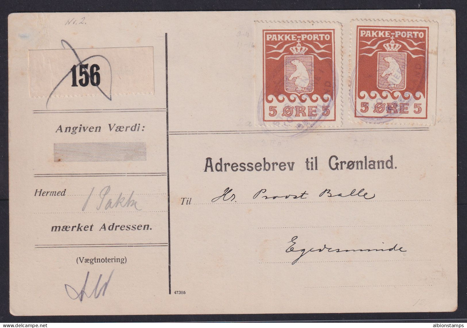 Greenland, Scott Q3a (Facit P2), Two Singles On Parcel Card, W/ Moller Cert - Spoorwegzegels