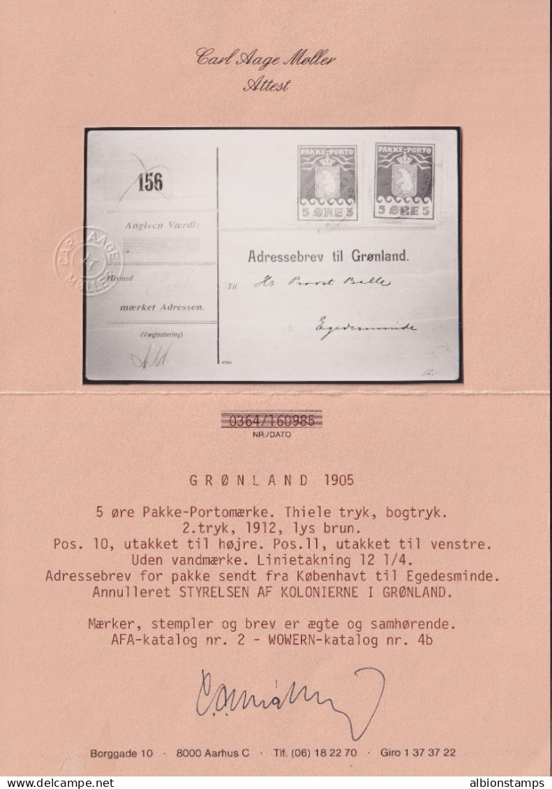 Greenland, Scott Q3a (Facit P2), Two Singles On Parcel Card, W/ Moller Cert - Spoorwegzegels