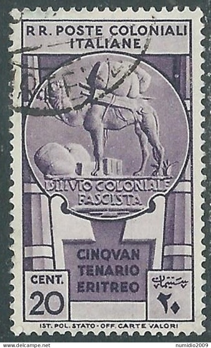 1933 EMISSIONI GENERALI USATO CINQUANTENARIO ERITREO 20 CENT - RA6-3 - Amtliche Ausgaben