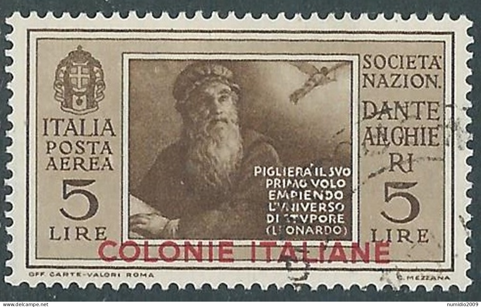 1932 EMISSIONI GENERALI POSTA AEREA USATO DANTE 5 LIRE - RA1-2 - Amtliche Ausgaben