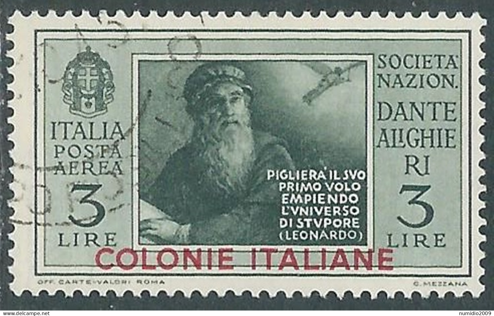 1932 EMISSIONI GENERALI POSTA AEREA USATO DANTE 3 LIRE - RA1-2 - General Issues