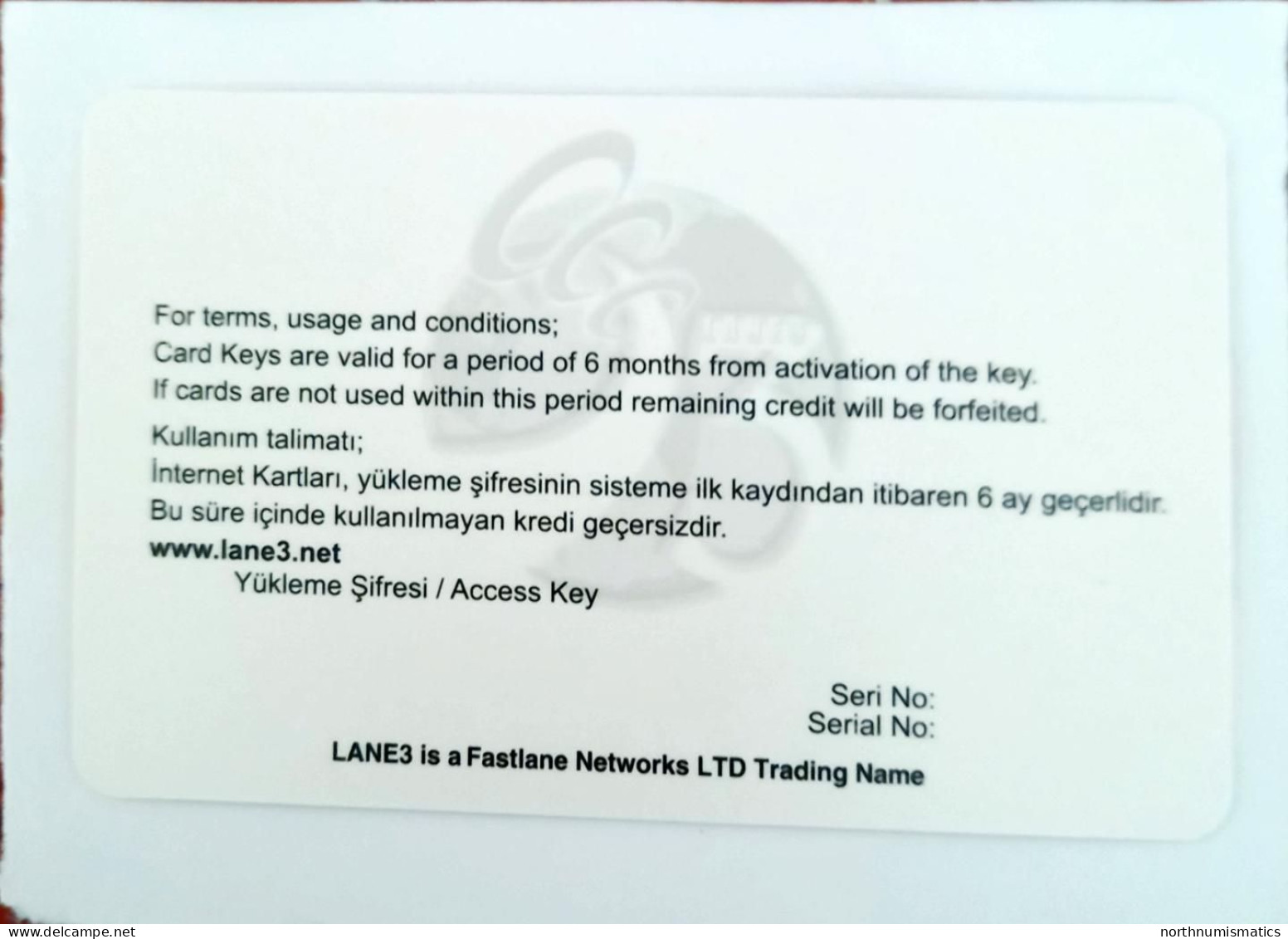 Lane3.net 500 Mb Internet Access Sample Card - Lots - Collections