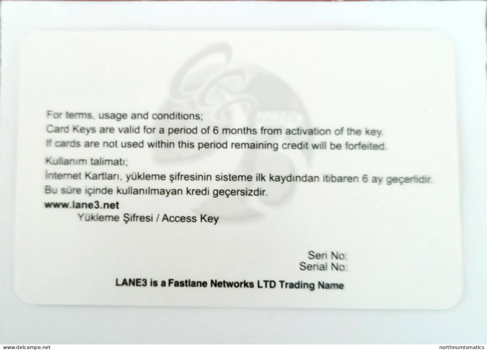 Lane3.net 200 Mb Internet Access Sample Card - Lots - Collections