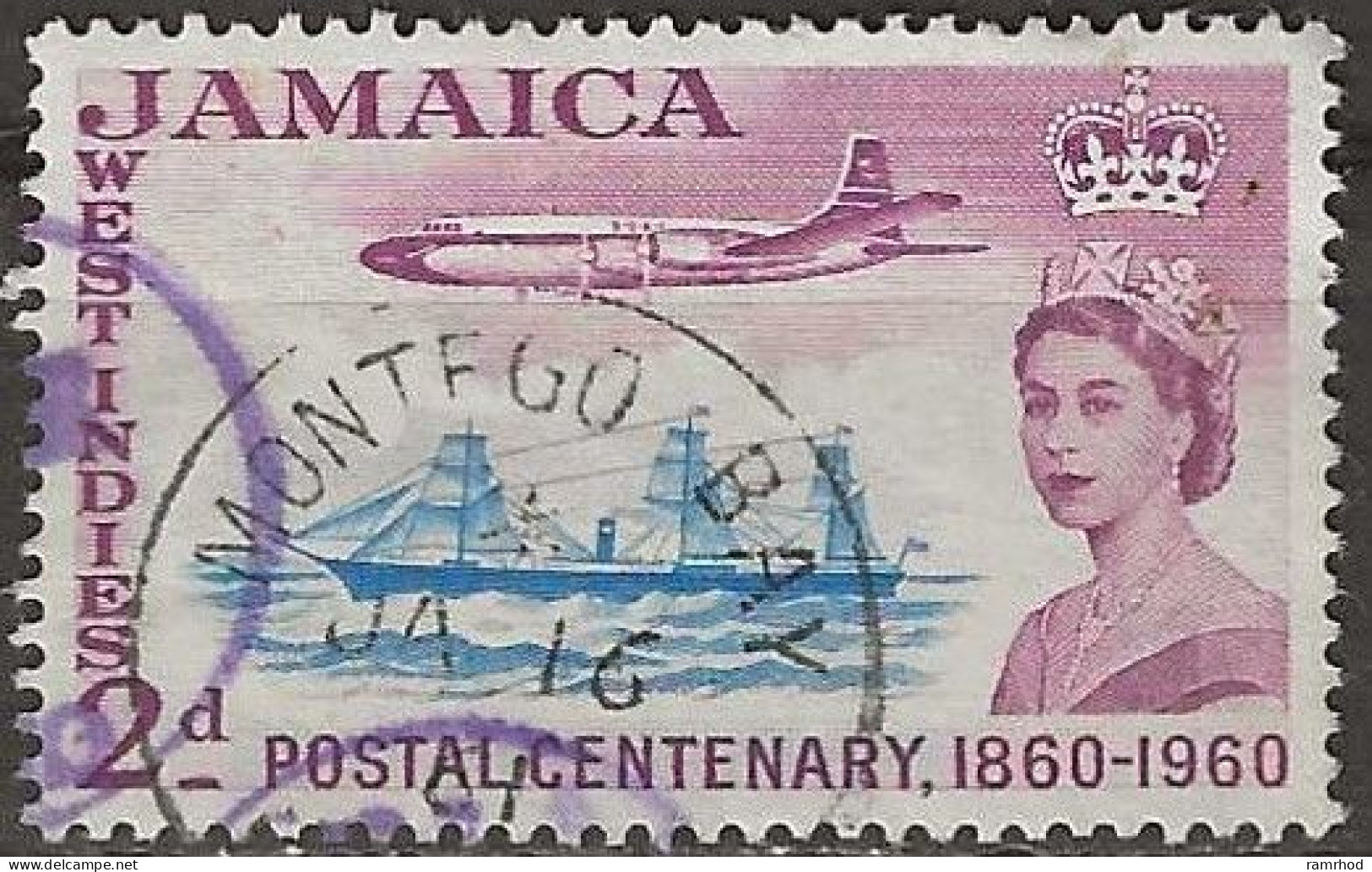 JAMAICA 1960 Centenary Of Jamaica Postage Stamps - 2d. Bristol Britannia 312 Flying Over City Of Berlin, 1860 FU - Jamaica (...-1961)