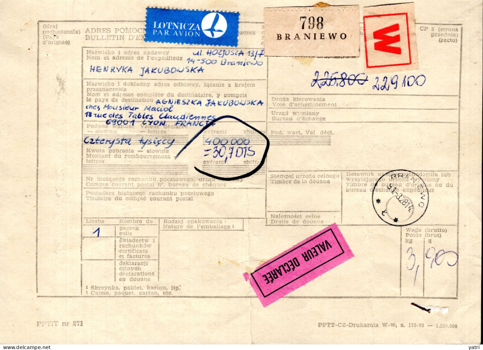 Polonia (1981) - Bollettino Pacchi Via Aerea Per La Francia - Brieven En Documenten