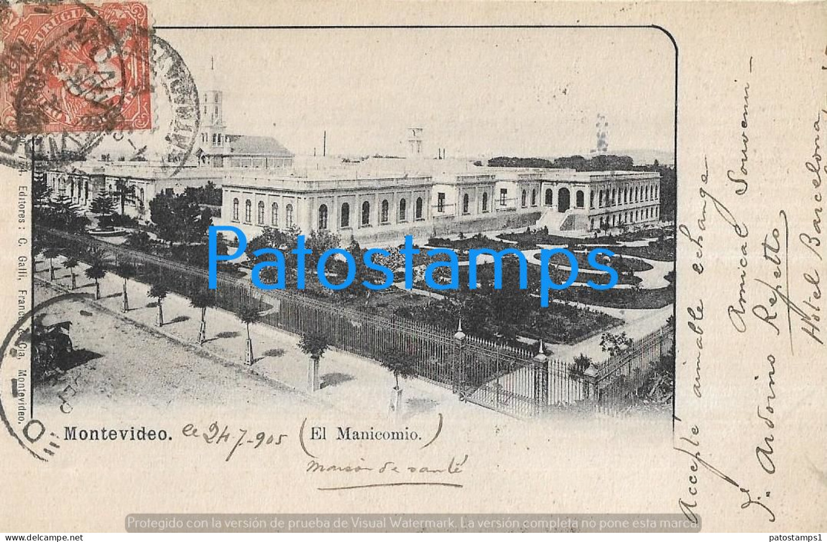 225303 URUGUAY MONTEVIDEO EL MANICOMIO CIRCULATED TO FRANCE POSTAL POSTCARD - Uruguay