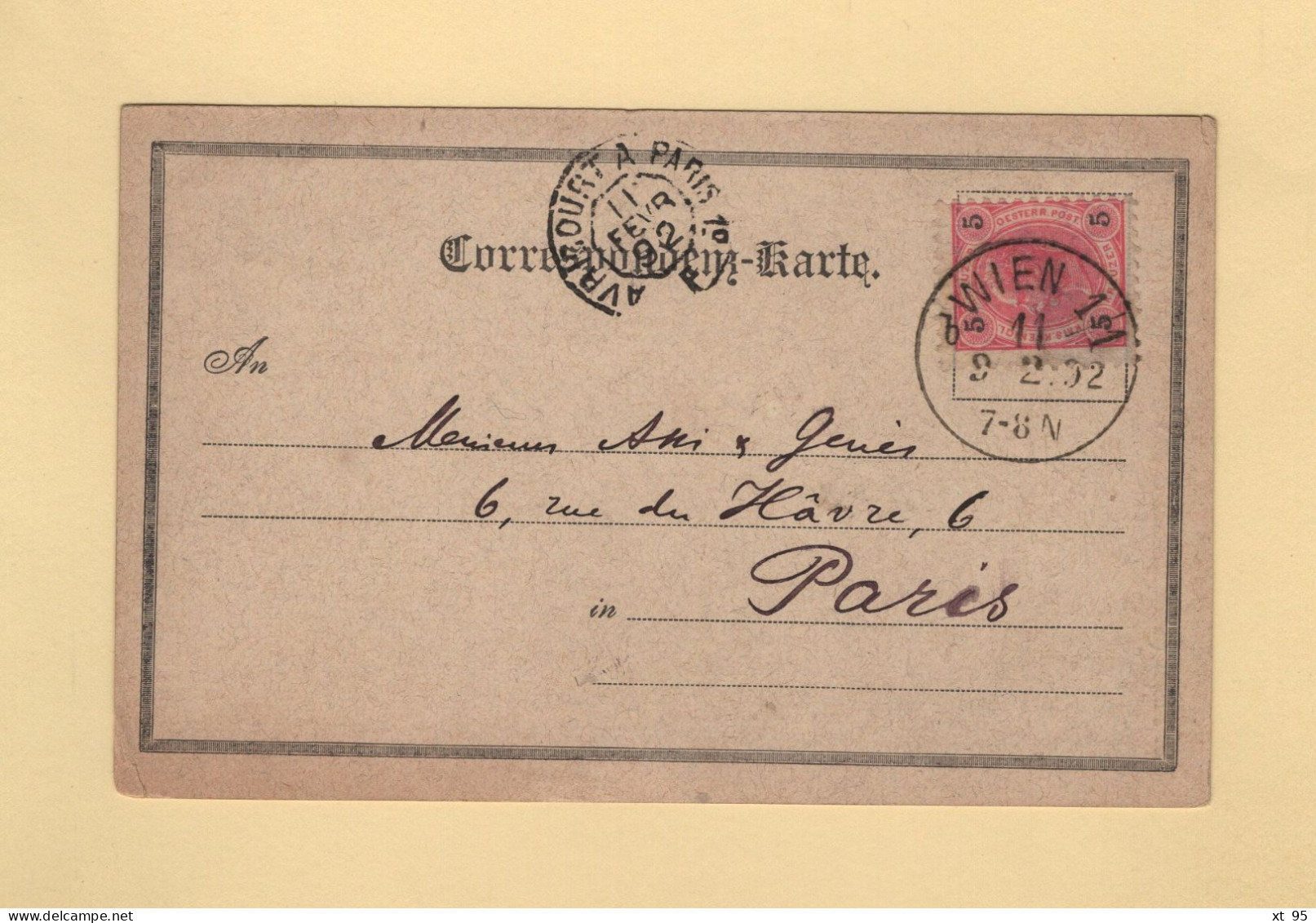 Autriche - Wien 1/1 - 1892 - Destination France - Entree Ambulant Avricourt A Paris 1° - Covers & Documents