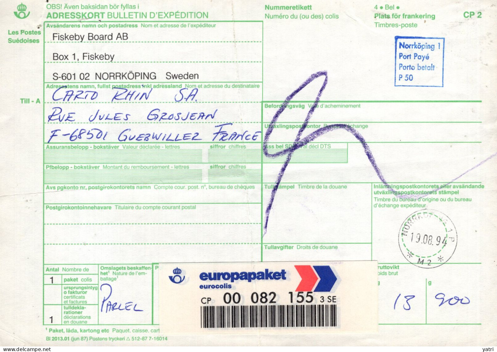 Svezia (1994) - Bollettino Pacchi Per La Francia - Cartas & Documentos