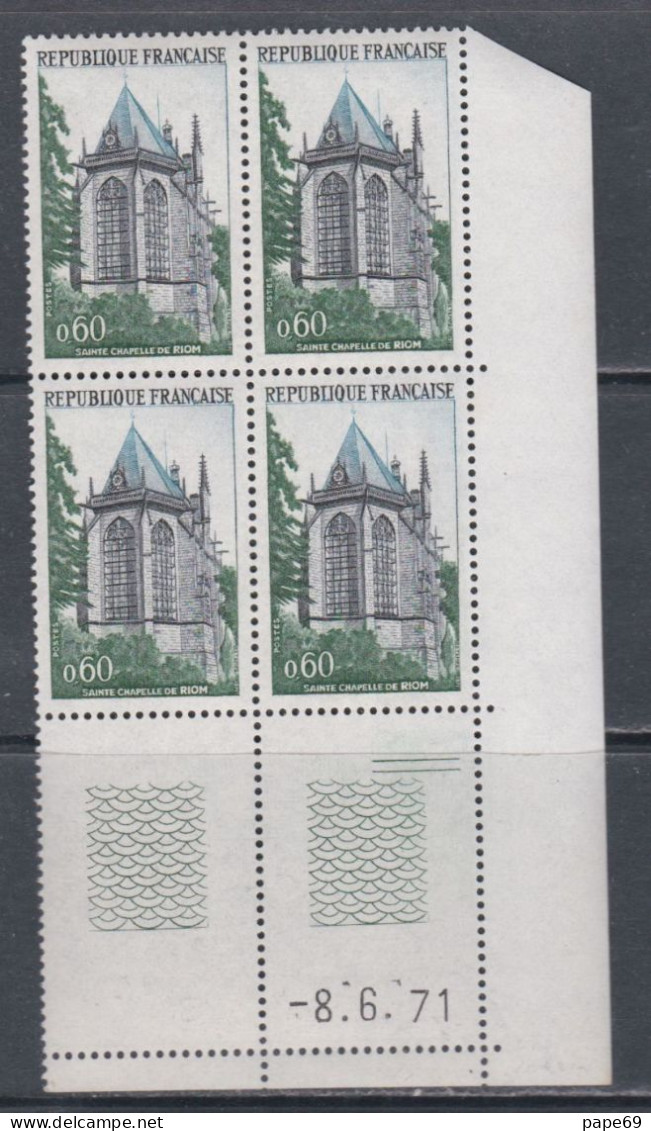 France  N° 1683 XX Ste-Chapelle De Riom, En Bloc De 4 Coin Daté Du 8 . 6 . 71 ; 2 Traits Sans Charnière, TB - 1970-1979