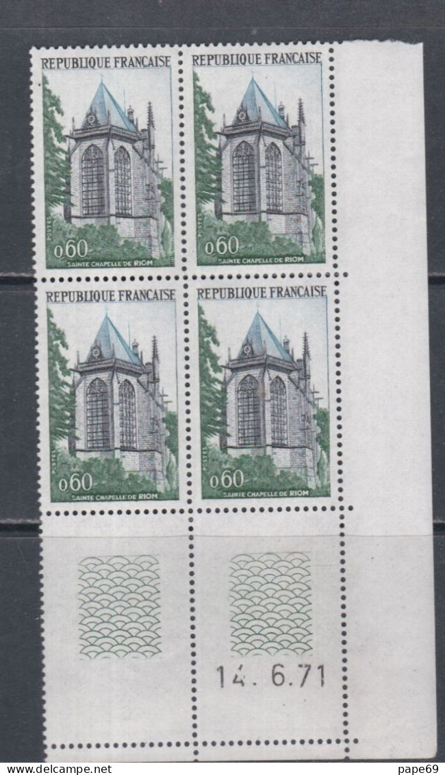 France  N° 1683 XX Ste-Chapelle Riom, En Bloc De 4 Coin Daté Du 14 . 6 . 71 ; Ss Traits Ss Cha., TB, Qq Dents Détachées - 1970-1979