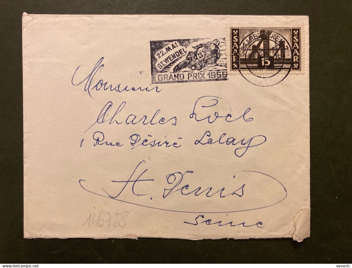 LETTRE TP SARRE 15 OBL.MEC.31 12 54 SAARBRUCKEN 2 + 22 MAI ST WENDEL (MOTO) GRAND PRIX 1955 - Motorbikes