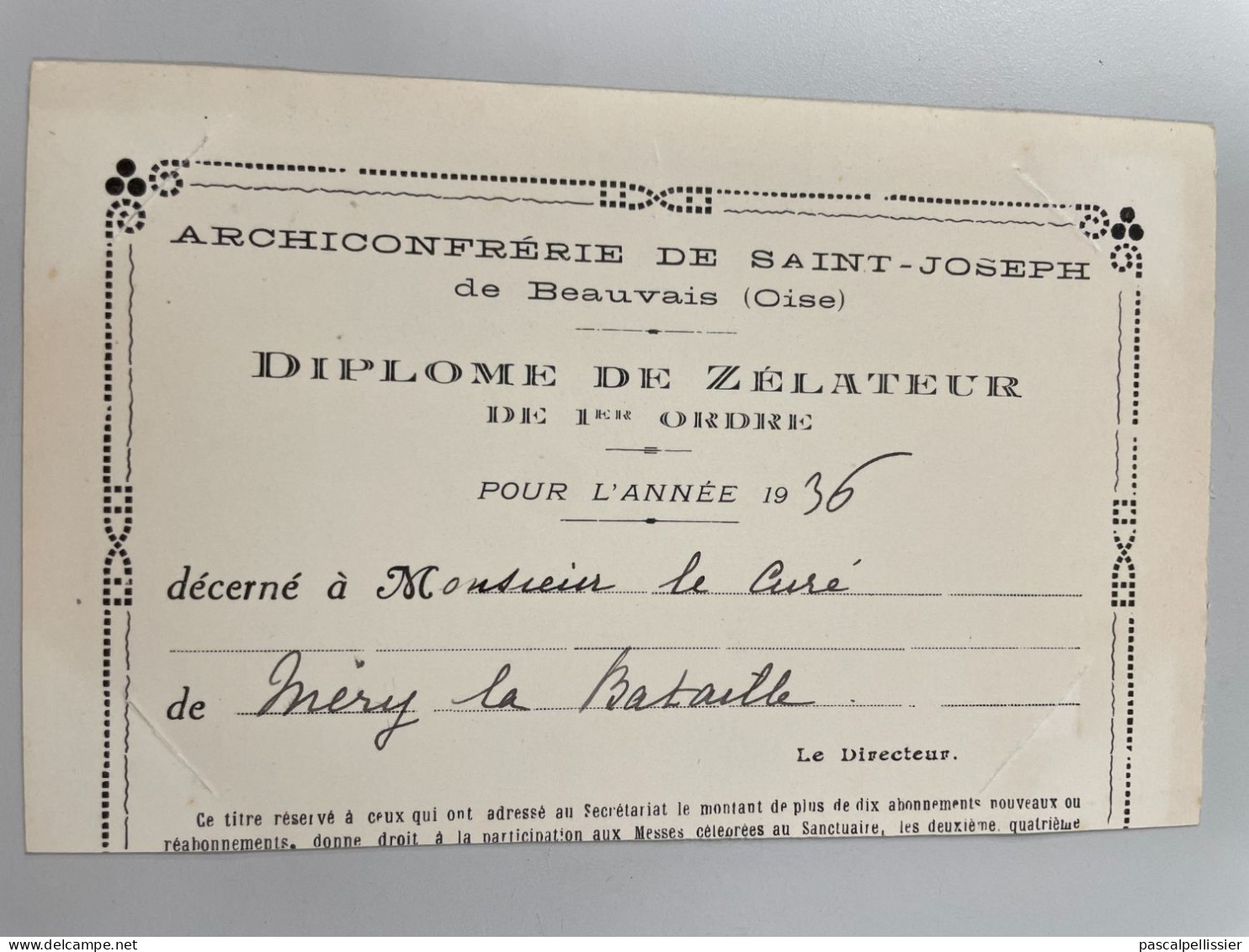 CPA - 60 - Diplôme De ZELATEUR 1er Ordre à Monsieur Le Curé De MERY La Bataille OISE 1936 - Diplomi E Pagelle