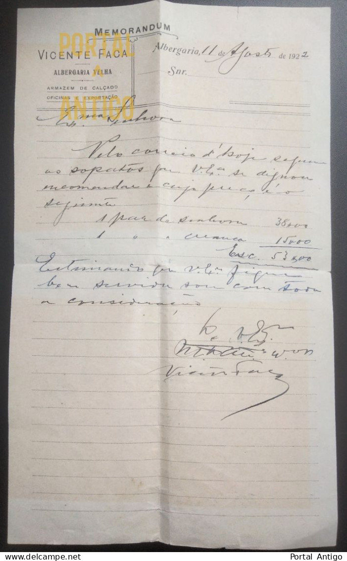Fatura - Albergaria A Velha - 1922 - VICENTE FACA - ARMAZÉM DE CALÇADO - AVEIRO - PORTUGAL - Portugal