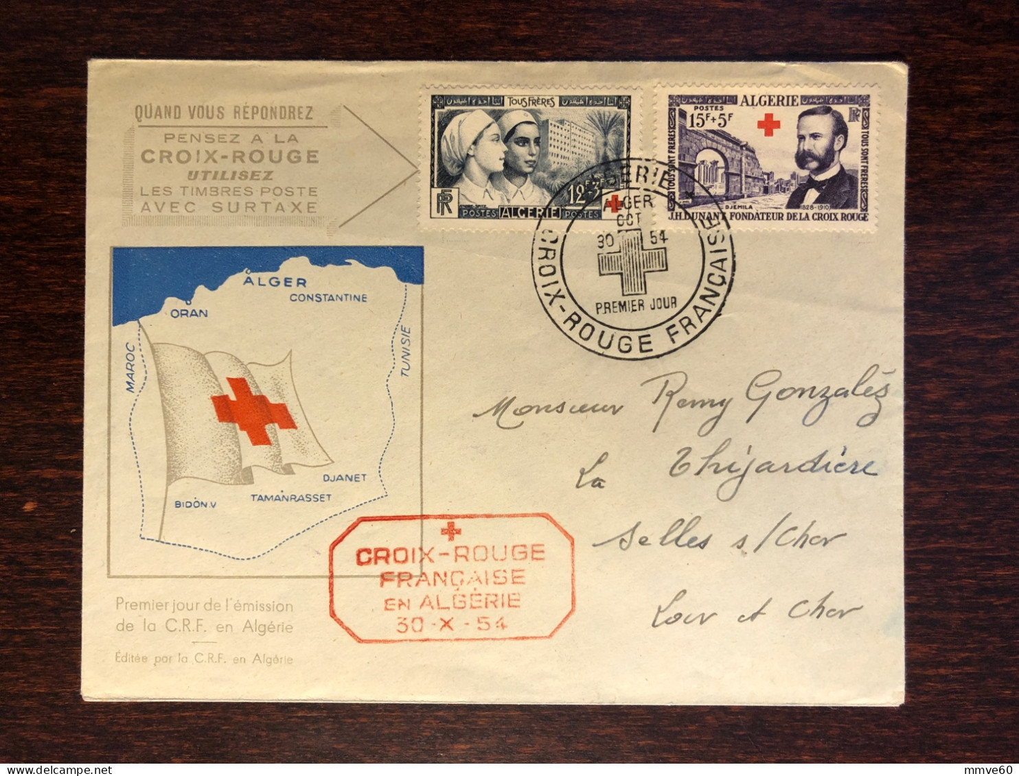 ALGERIE ALGERIA FDC COVER 1954 YEAR RED CROSS DUNANT HEALTH MEDICINE - FDC