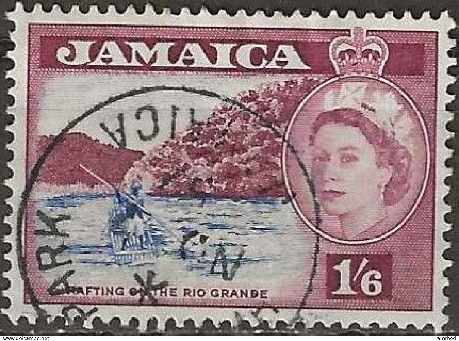 JAMAICA 1956 Queen Elizabeth II - Rafting On The Rio Grande - 1s.6d. - Blue And Purple FU - Jamaica (...-1961)