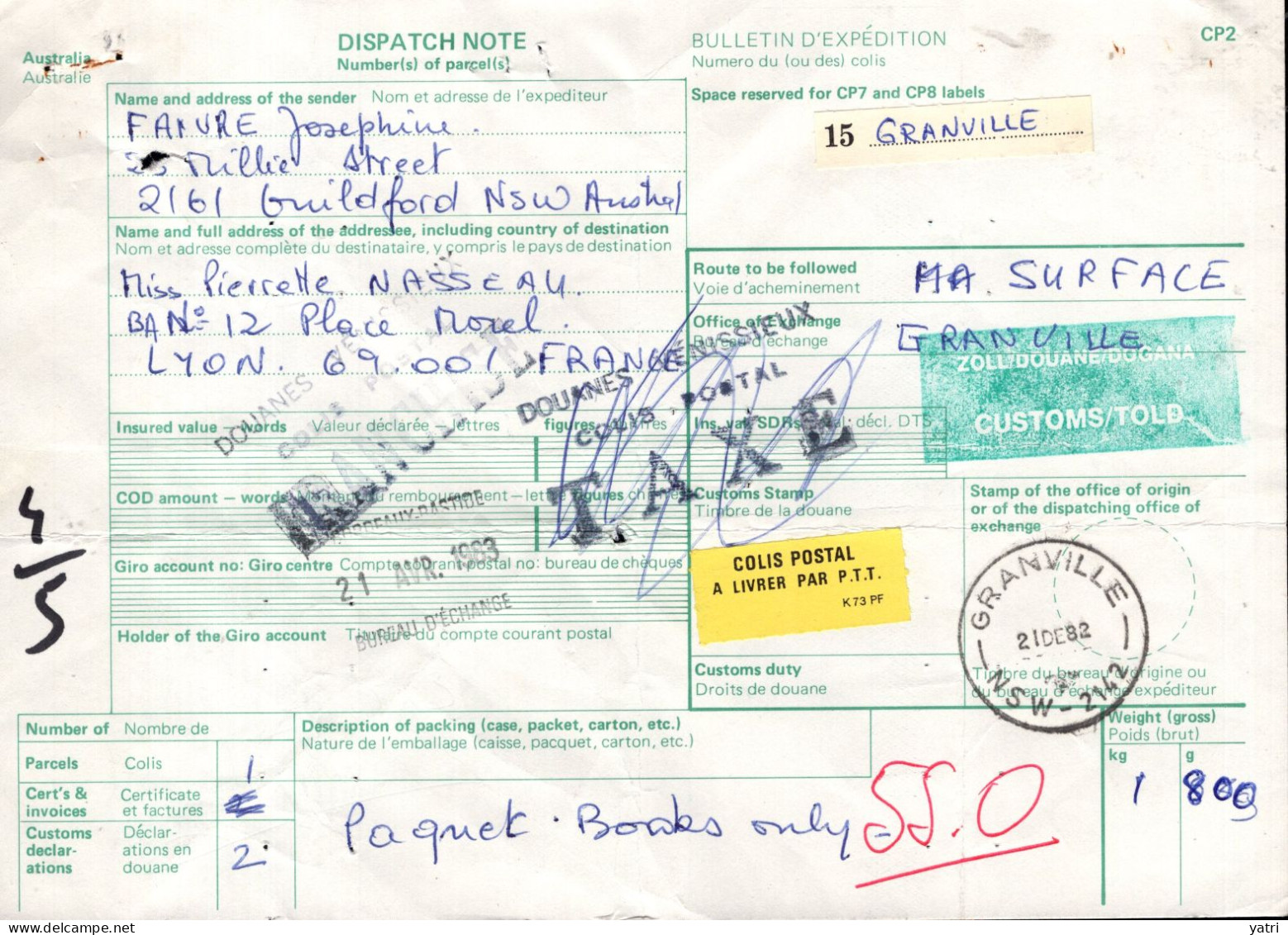 Australia (1982) - Bollettino Pacchi Per La Francia - Briefe U. Dokumente