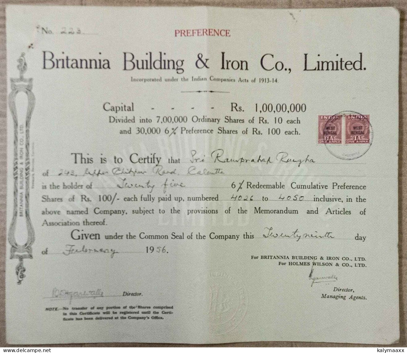 BRITISH INDIA 1956 BRITANNIA BUILDING & IRON CO., LIMITED.....PREFERENCE SHARE CERTIFICATE - Industry