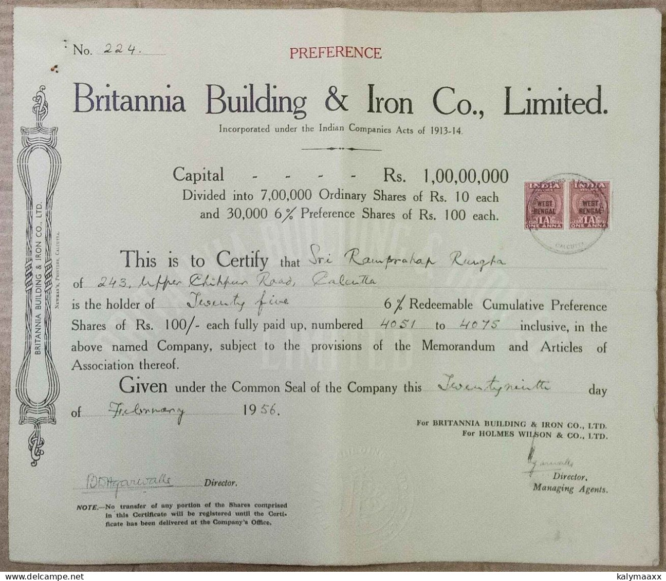 BRITISH INDIA 1956 BRITANNIA BUILDING & IRON CO., LIMITED.....PREFERENCE SHARE CERTIFICATE - Industrie