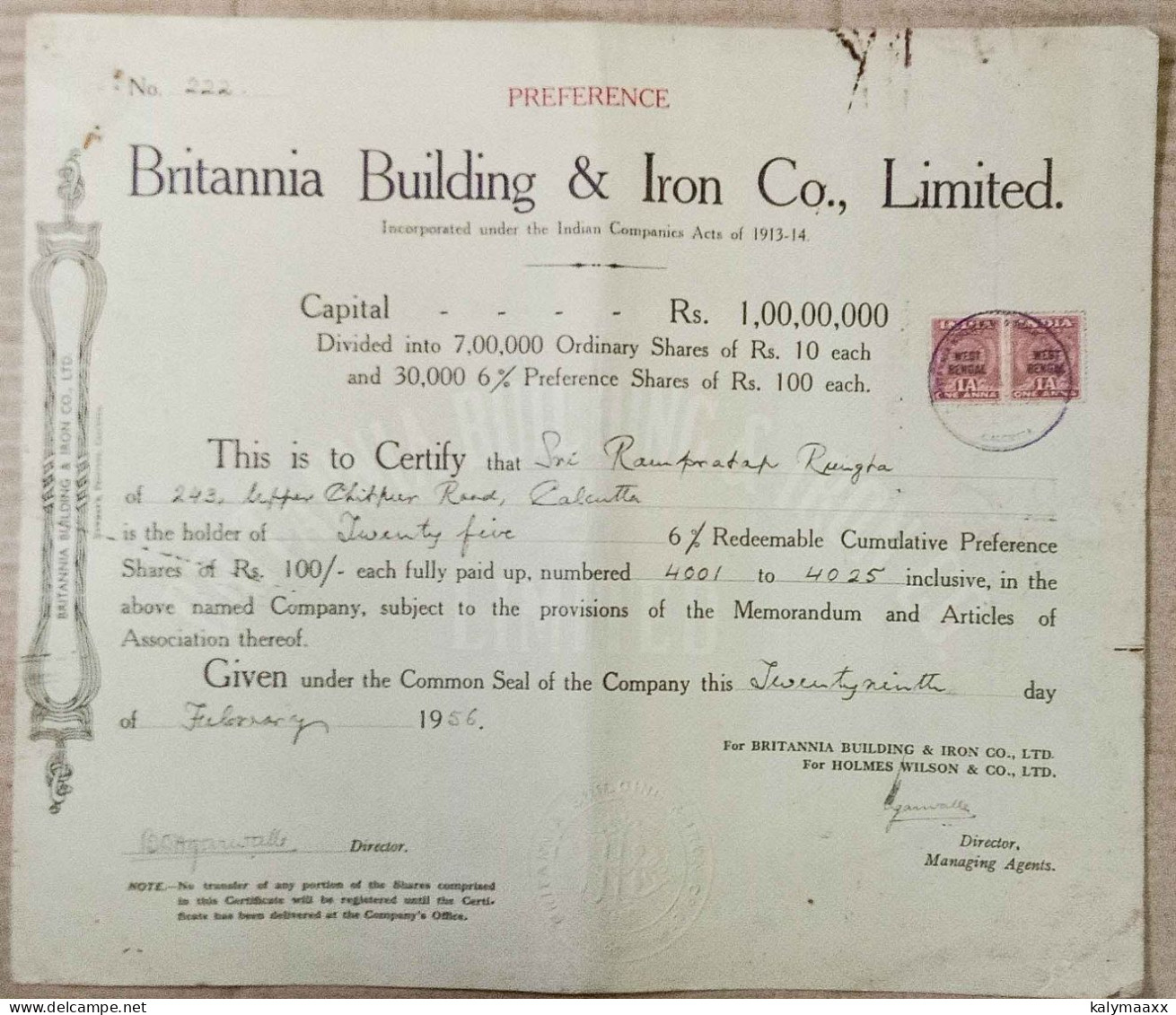 BRITISH INDIA 1956 BRITANNIA BUILDING & IRON CO., LIMITED.....PREFERENCE SHARE CERTIFICATE - Industry