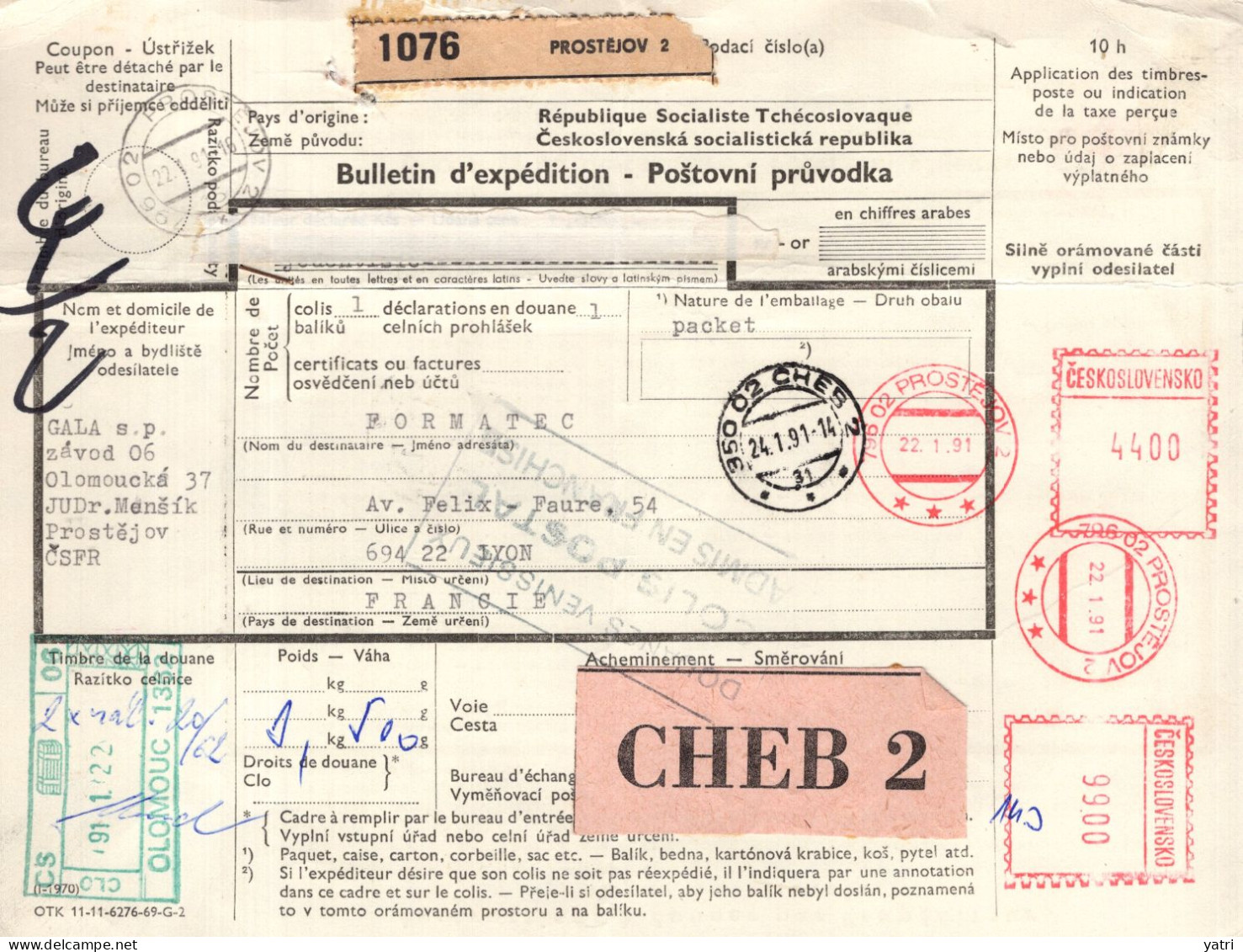 Cecoslovacchia (1991) - Bollettino Pacchi Per La Francia - Covers & Documents