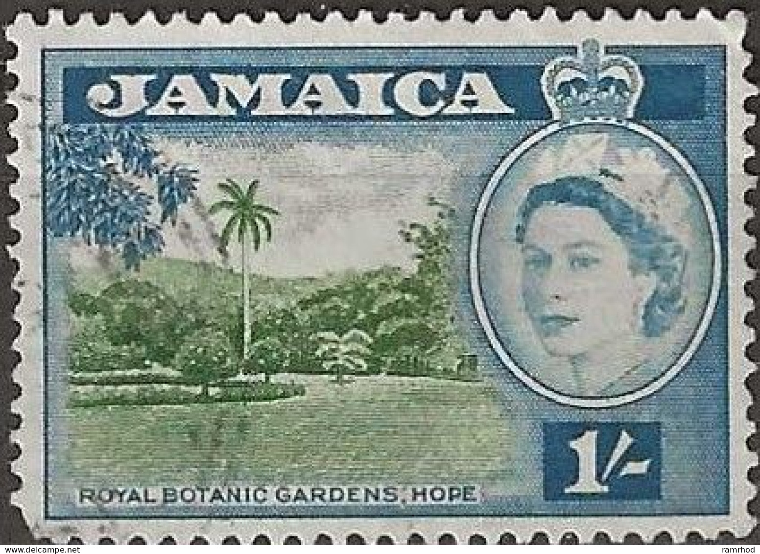 JAMAICA 1956 Queen Elizabeth II - Royal Botanic Gardens, Hope - 1s. - Green And Blue FU - Jamaica (...-1961)