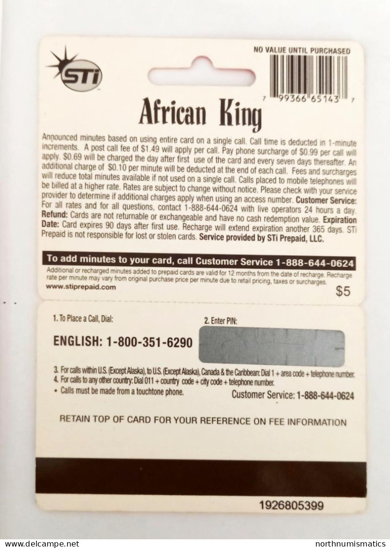 Sti African King 5 $ Prepaid Calling Card  Unused - Lots - Collections