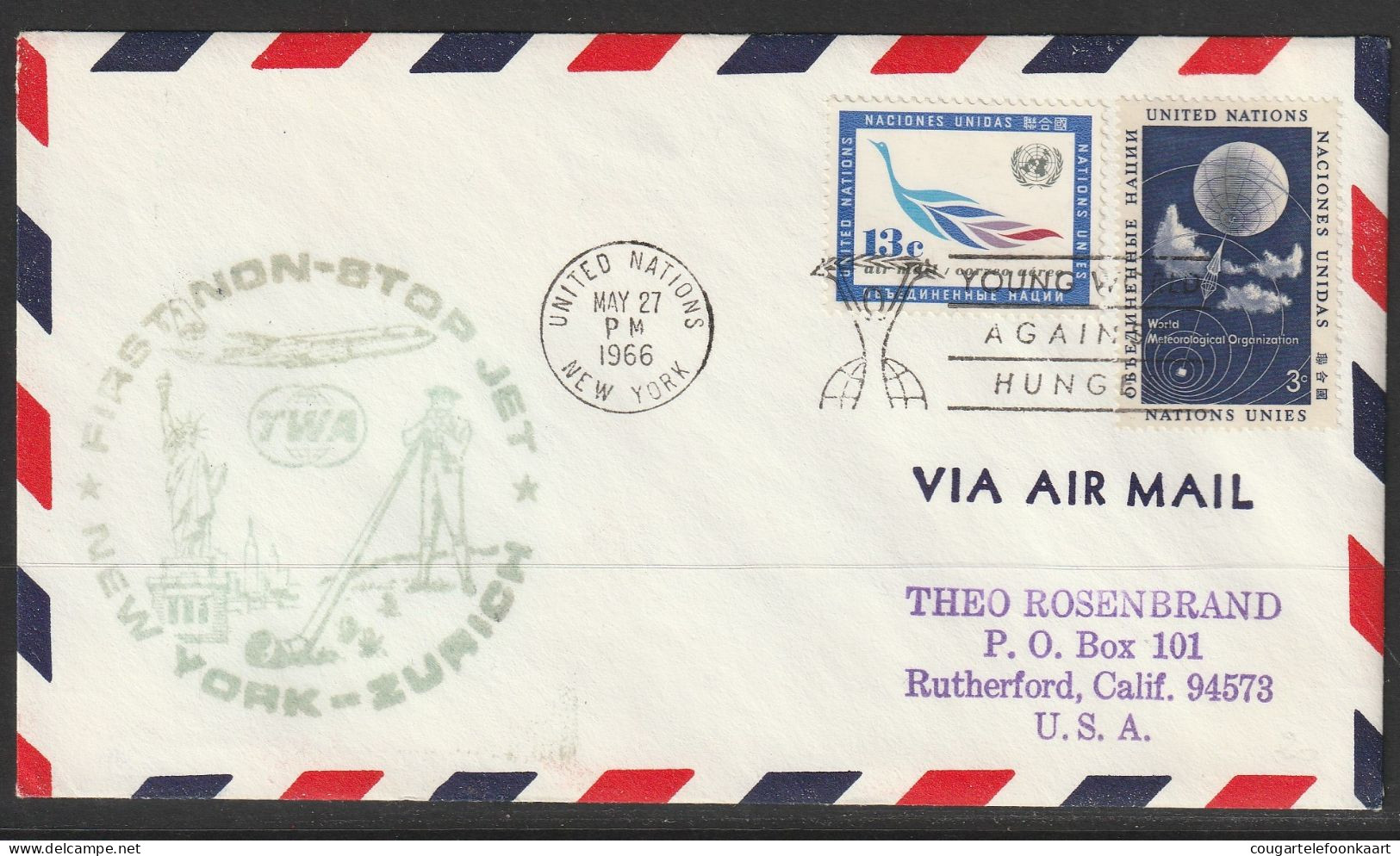 1966, TWA, First Flight Cover, UN New York - Zürich - Brieven En Documenten