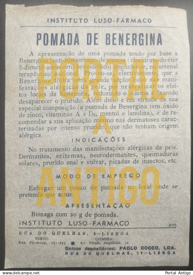 POMADA DE BENERGINA - FOLHETO - INSTITUTO LUSO FÁRMACO - LISBOA - PORTO - COIMBRA - PORTUGAL - Portogallo