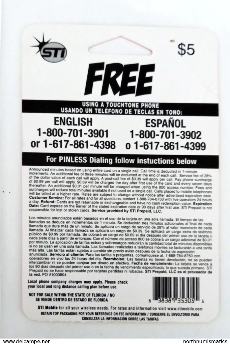 Sti Free 5 $ Prepaid Calling Card  Used - Lots - Collections