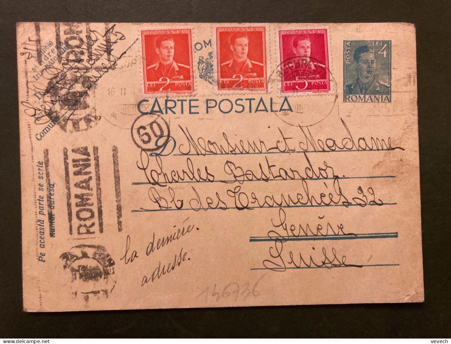 CP EP 4L + TP 5L + 2L X2 OBL.MEC.1 II 42 BUCURESTI + OBL.MEC. ROMANIA + 60 Pour La SUISSE - Lettres 2ème Guerre Mondiale