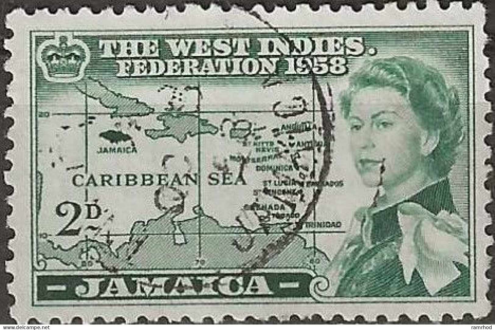 JAMAICA 1958 British Caribbean Federation -  2d. - Federation Map FU - Jamaica (...-1961)