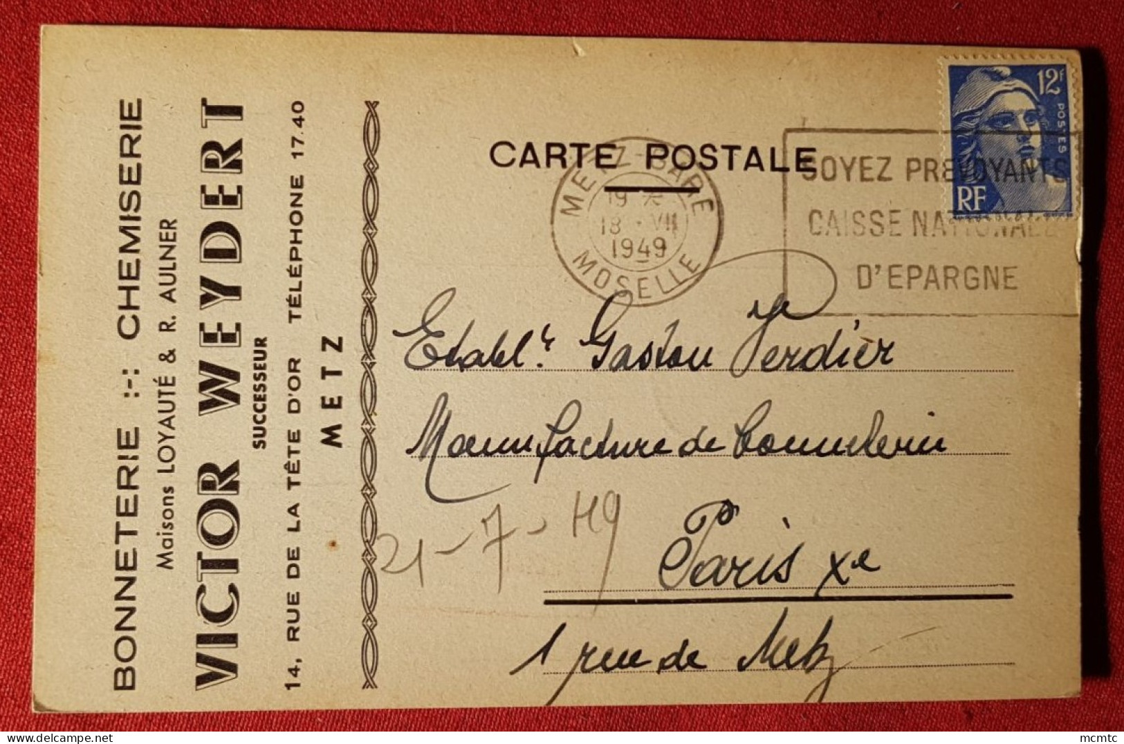 Carte Postale - Bonneterie Chemiserie - Victor Weydert - Metz - Metz