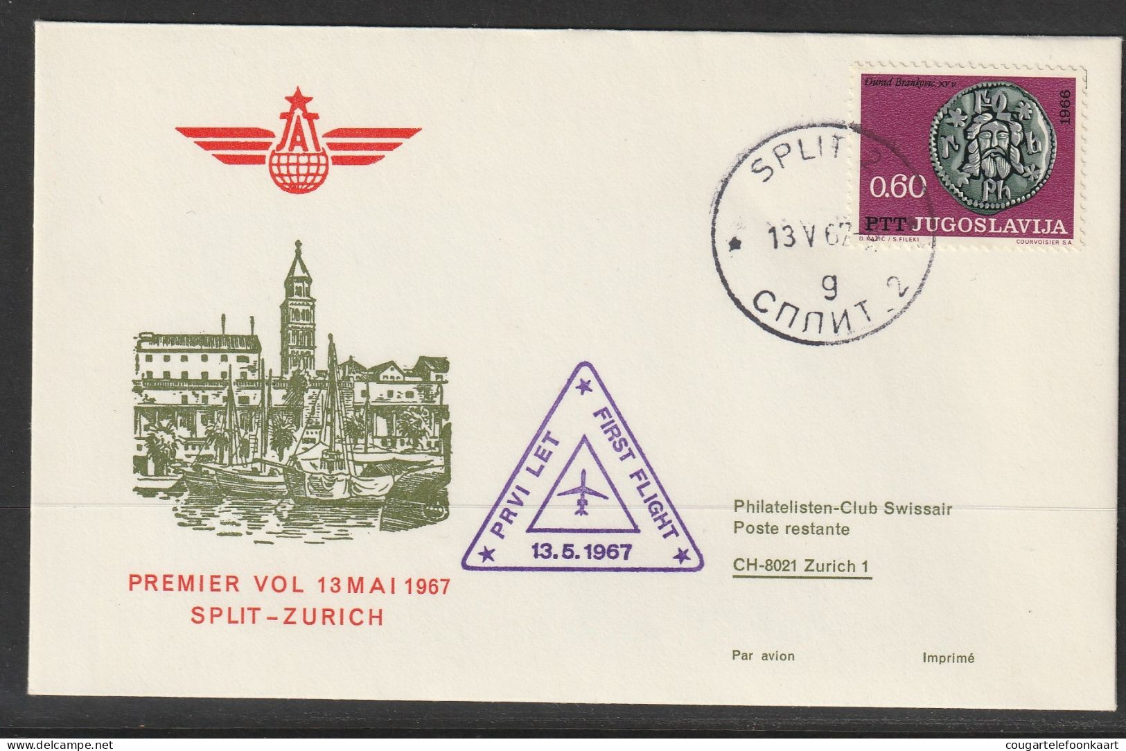 1967, JAT, Erstflug, Split - Zürich - Luftpost