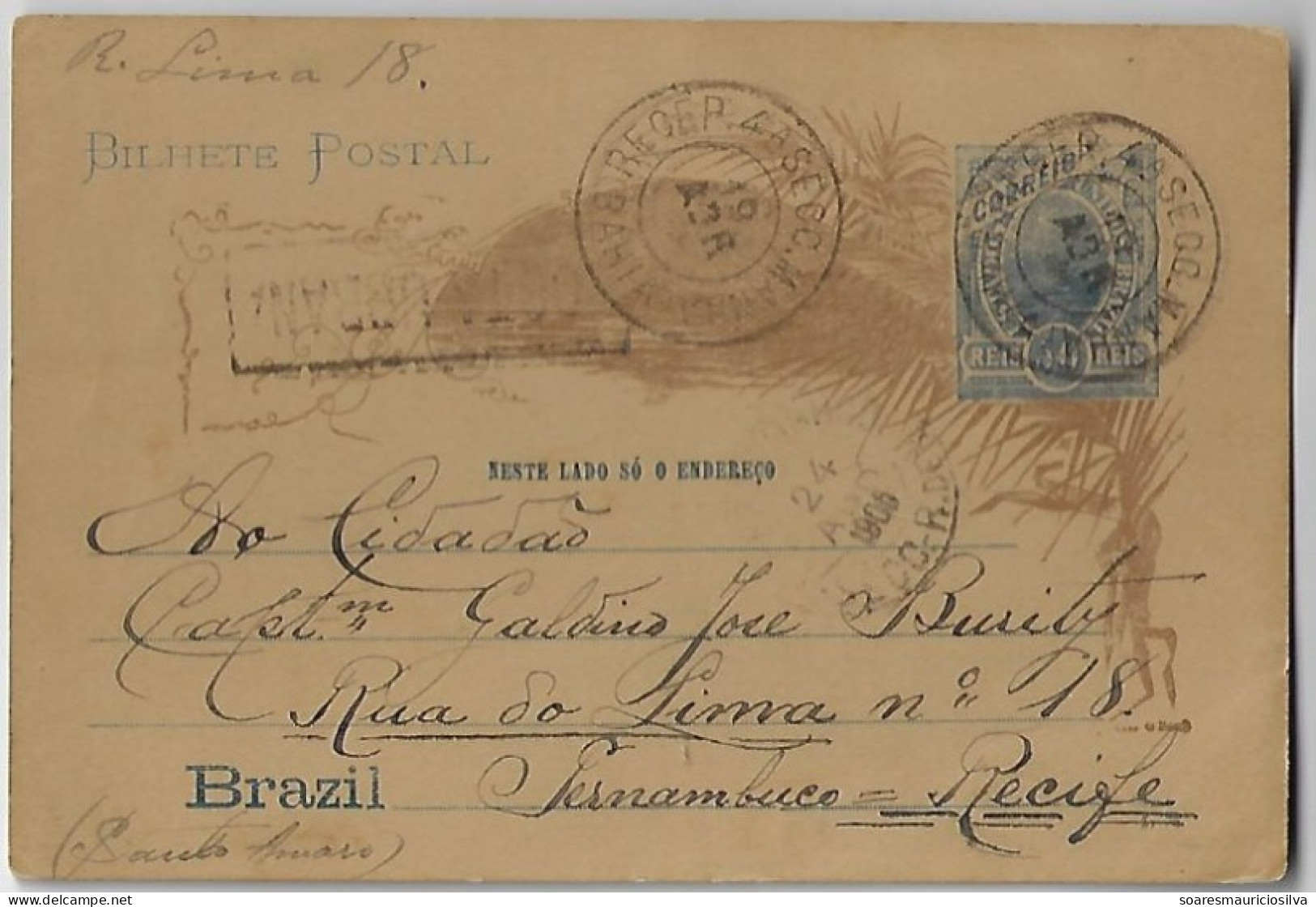 Brazil 1905 Postal Stationery Card From Salvador To Recife Cancel Posta Urbana Urban Mail - Entiers Postaux