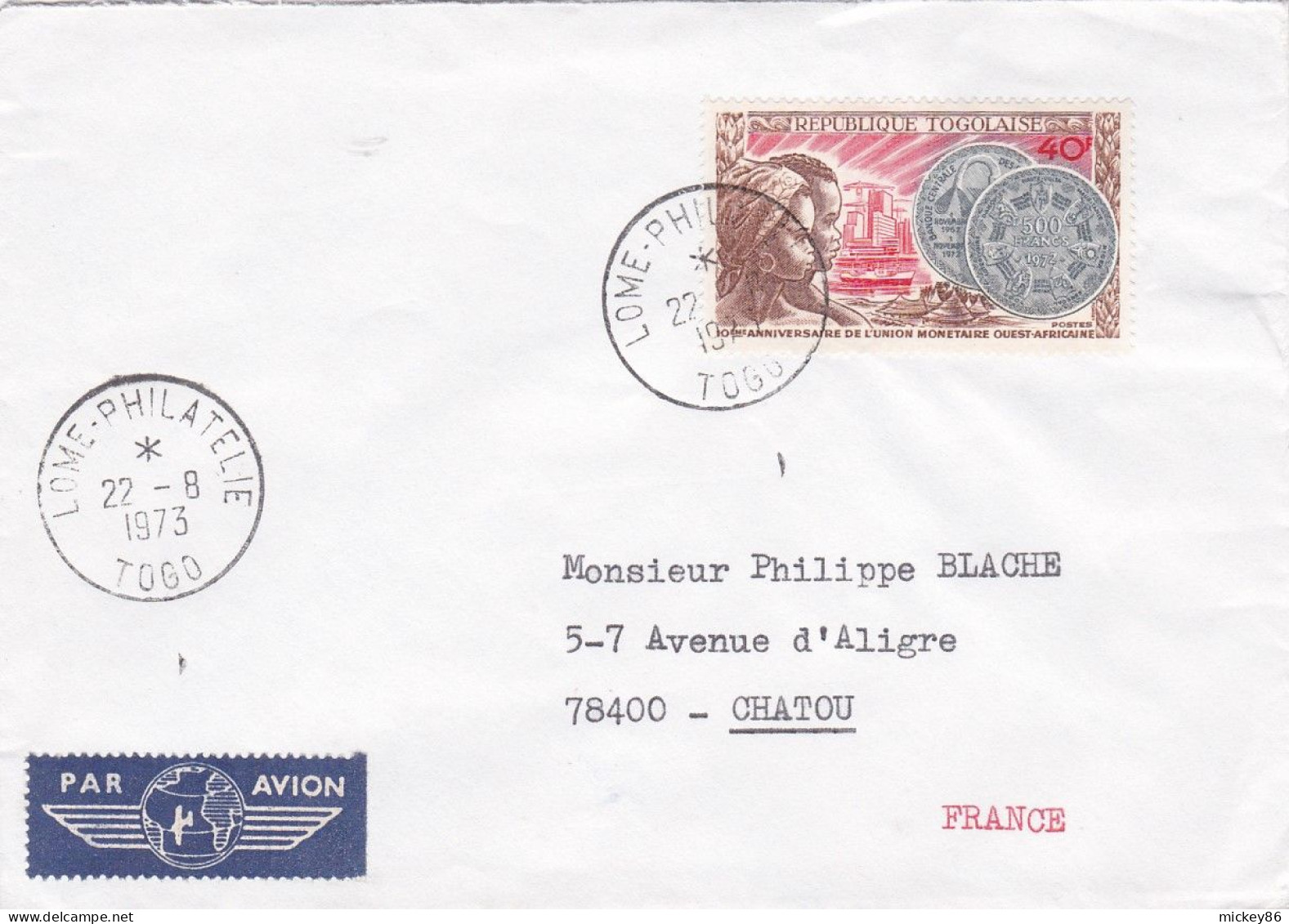 TOGO--1973--Lettre De LOME Pour CHATOU-78 (France)-tp " 10° Anniv Union Monétaire" Seul  Sur Lettre  ....cachet - Togo (1960-...)