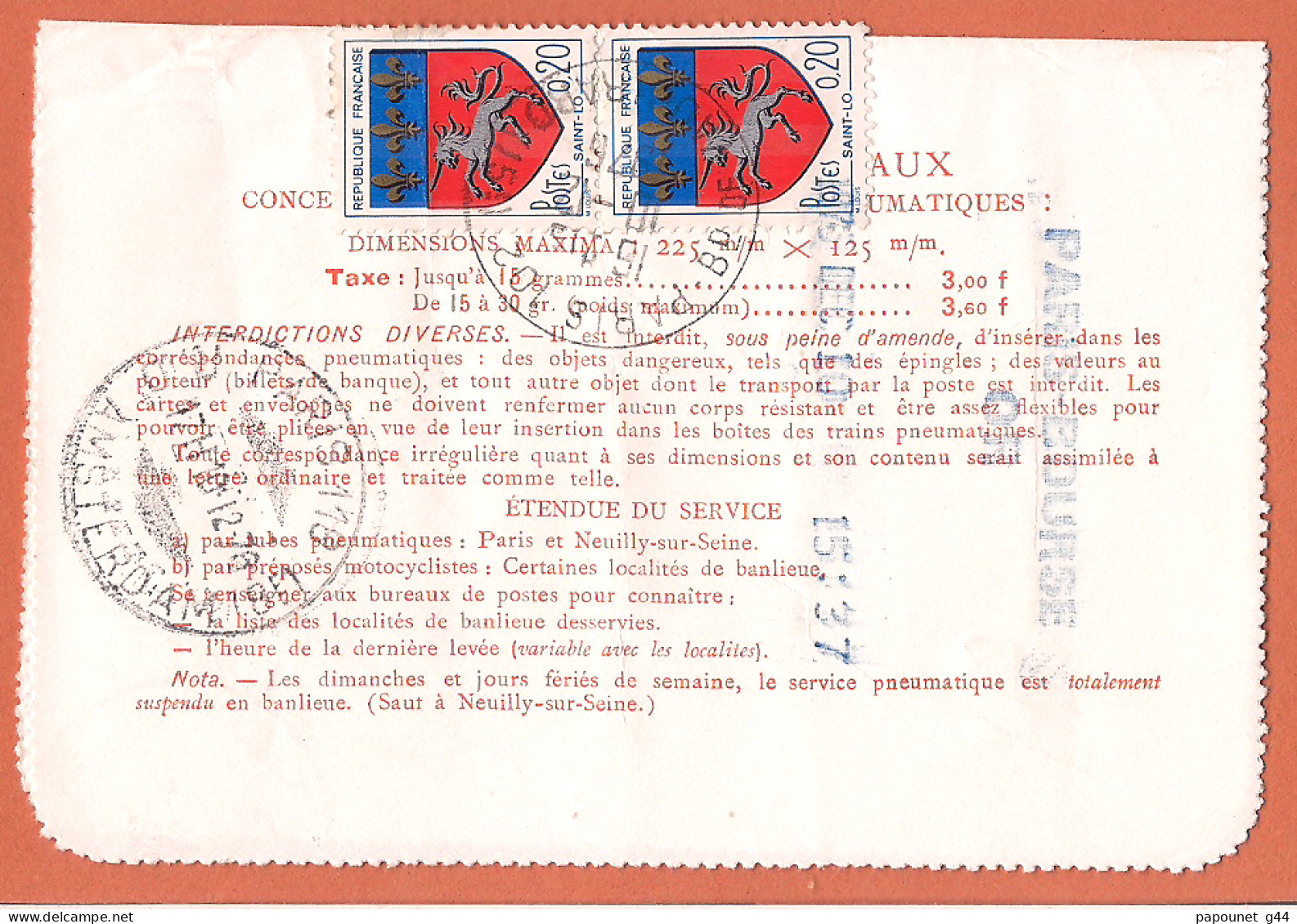 Carte Pneumatique 1976 Type Chaplain Destination Paris - Pneumatiques