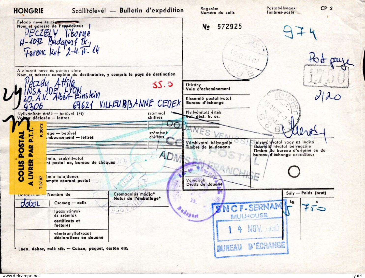Ungheria (1990) - Bollettino Pacchi Per La Francia - Cartas & Documentos