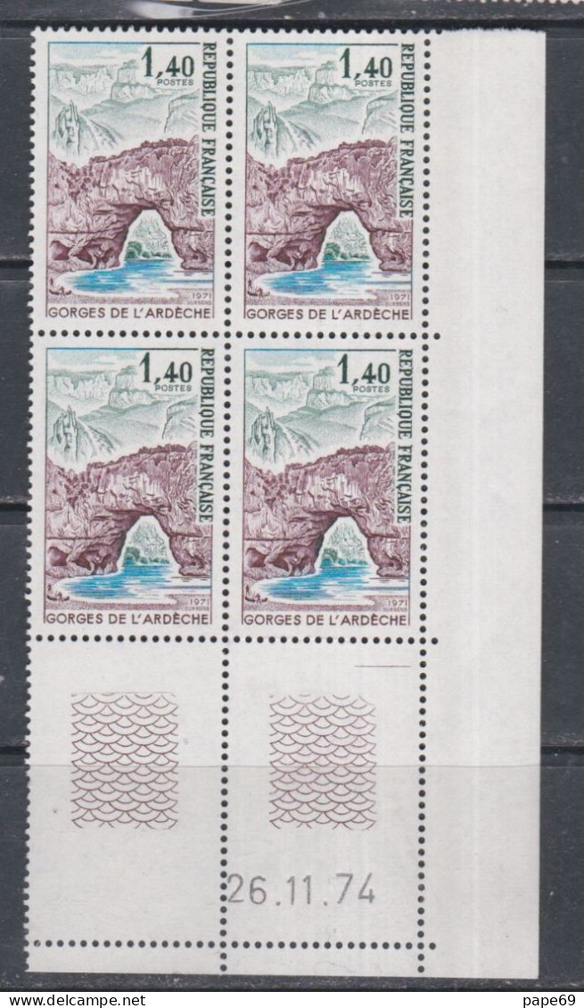 France  N° 1687 XX Gorges De L'Ardèche En Bloc De 4 Coin Daté Du 26 . 11 . 74 ; 1 Trait Sans Charnière, TB - 1970-1979