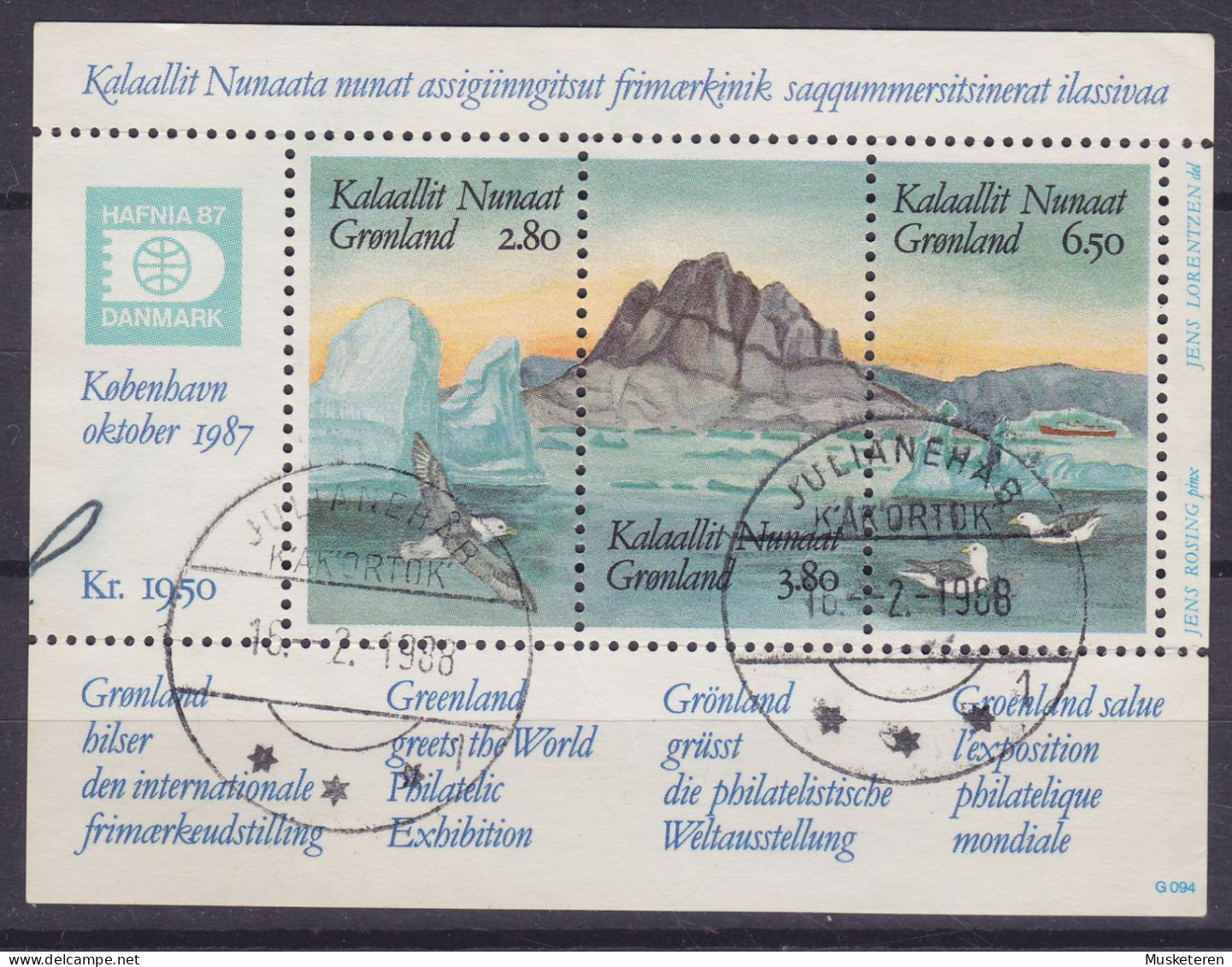 Greenland 1987 Mi. Block 1 Miniature Sheet Internationale Briefmarkenausstellung HAFNIA '87 JULIANEHÅB (K'ak'ortok) 1988 - Oblitérés