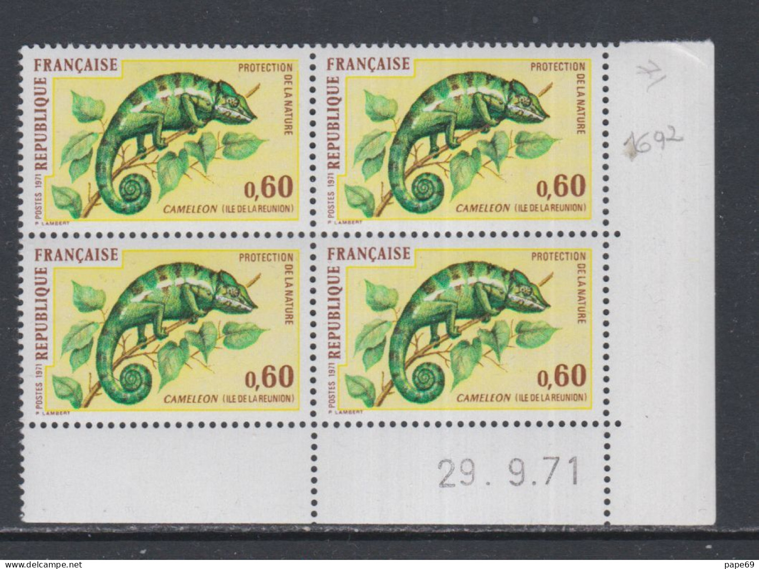 France N° 1692 XX Protection Nature : Caméléon En Bloc De 4 Coin Daté Du 29 . 9 . 71, Sans Charnière, TB - 1970-1979