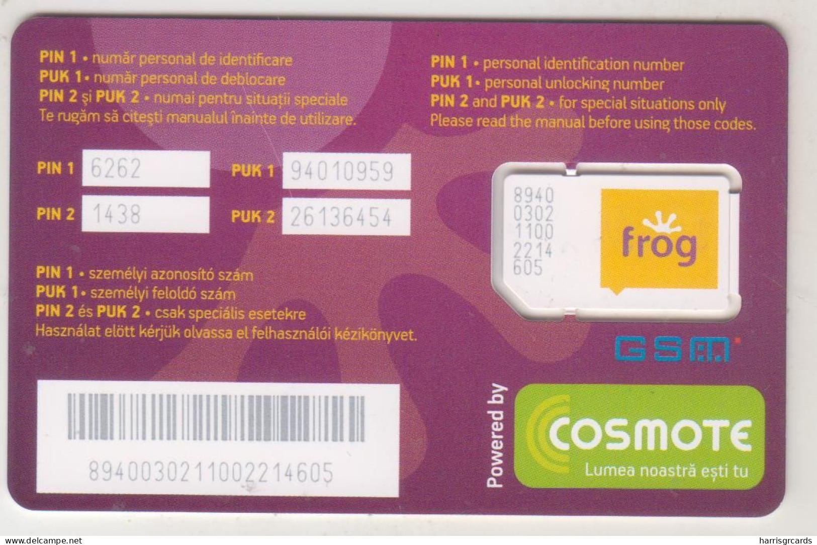 ROMANIA - Frog Powered By Cosmote GSM Card, Mint - Romania