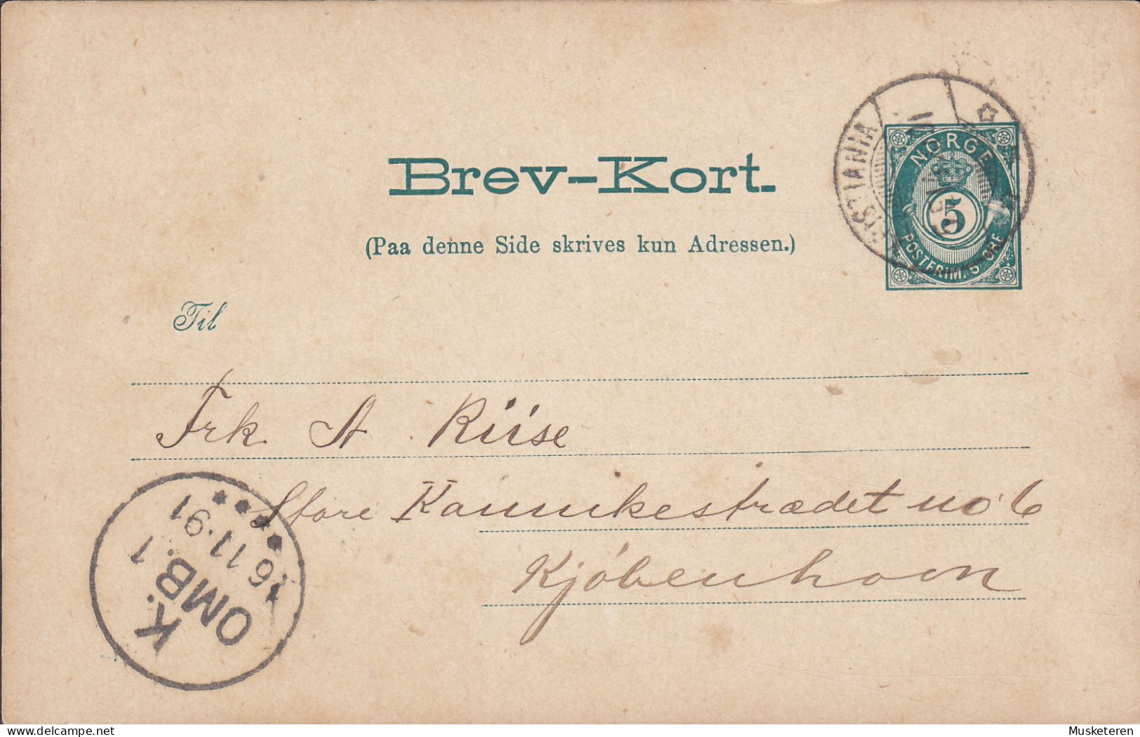 Norway Postal Stationery Ganzsache 5 Øre Posthorn Preussischblau KRISTIANIA 1891 KJØBENHAVN (Arr.) Denmark (2 Scans) - Ganzsachen