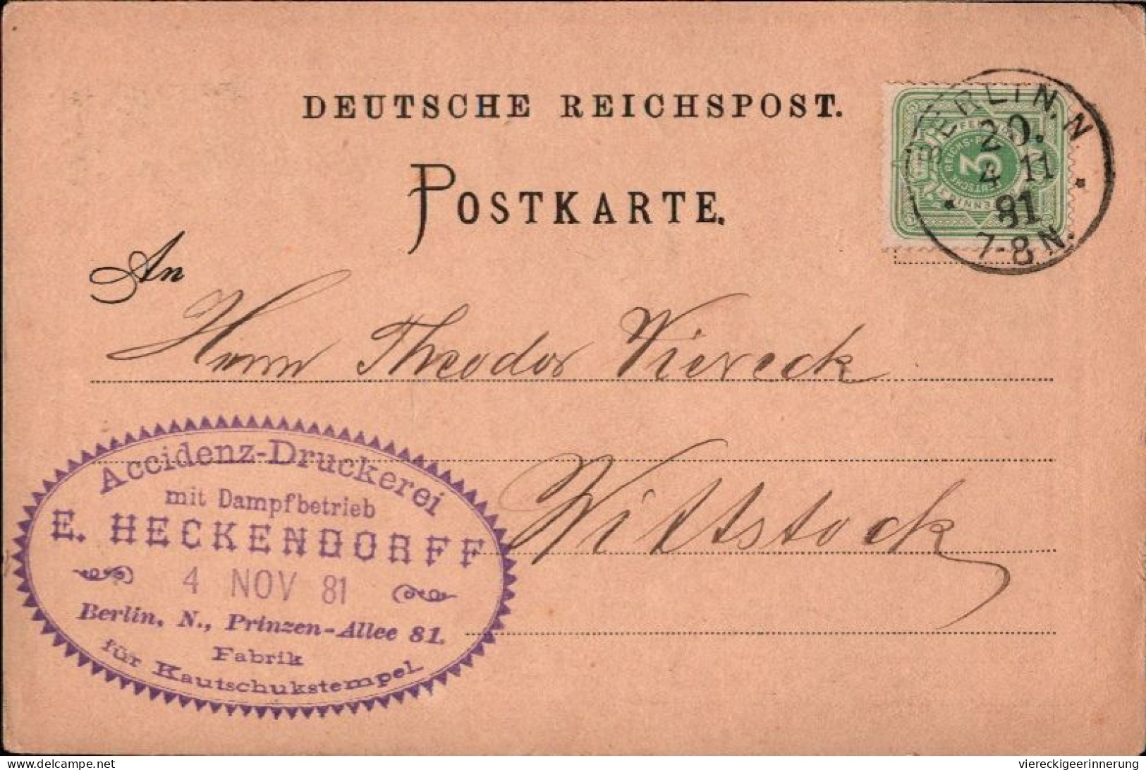 ! 1881 Firmenpostkarte Accidenz Druckerei E. Heckendorf, Berlin, Prinzen Allee 81, Besuchsanzeige - Covers & Documents