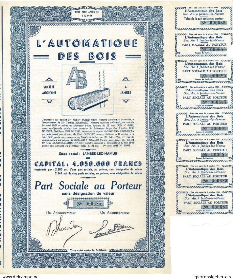 - Titre De 1948 - L'Automatique Des Bois - Jambes-Namur - Déco - Industry