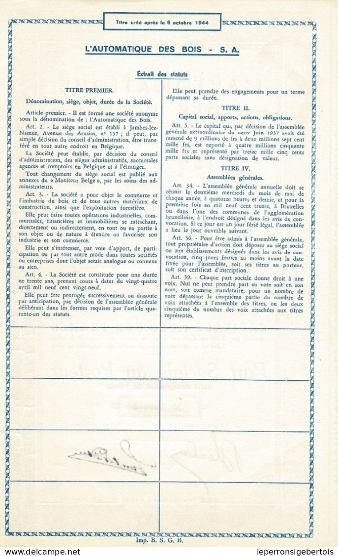 - Titre De 1948 - L'Automatique Des Bois - Jambes-Namur - Déco - Industrie