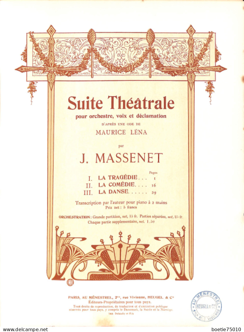 Suite Théâtrale, D’après Une Ode De Maurice Léna. Musique J. Massenet. Partition Ancienne. - Partitions Musicales Anciennes