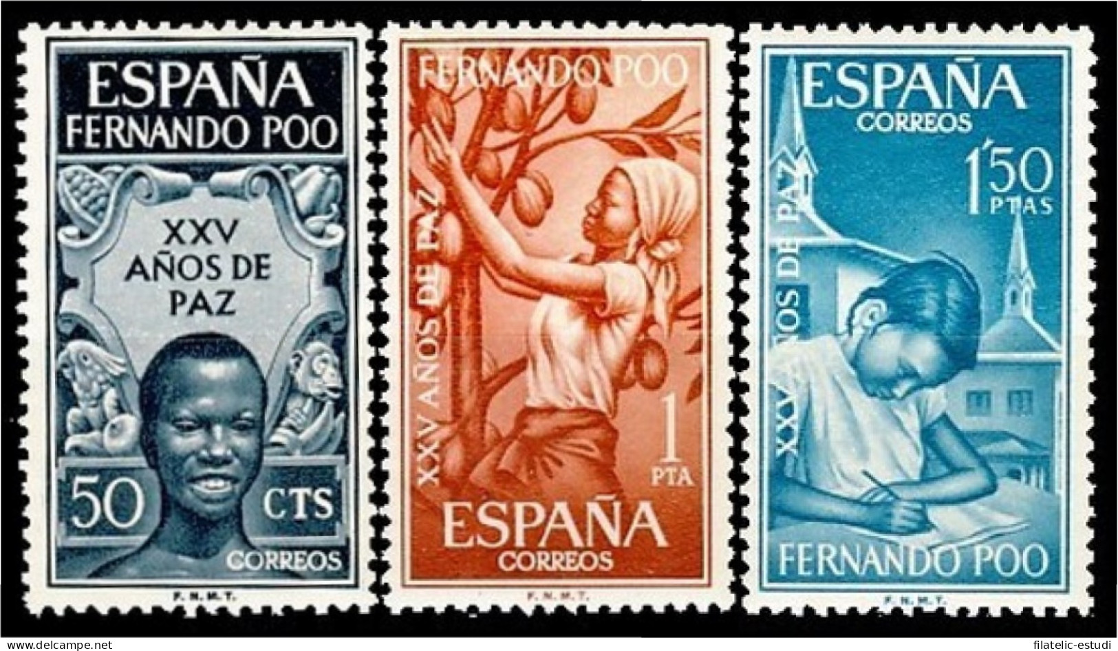 Fernando Poo 239/41 1965 XXV Aniv. De Paz Española Alegoría-Recolección-Escuel - Fernando Poo