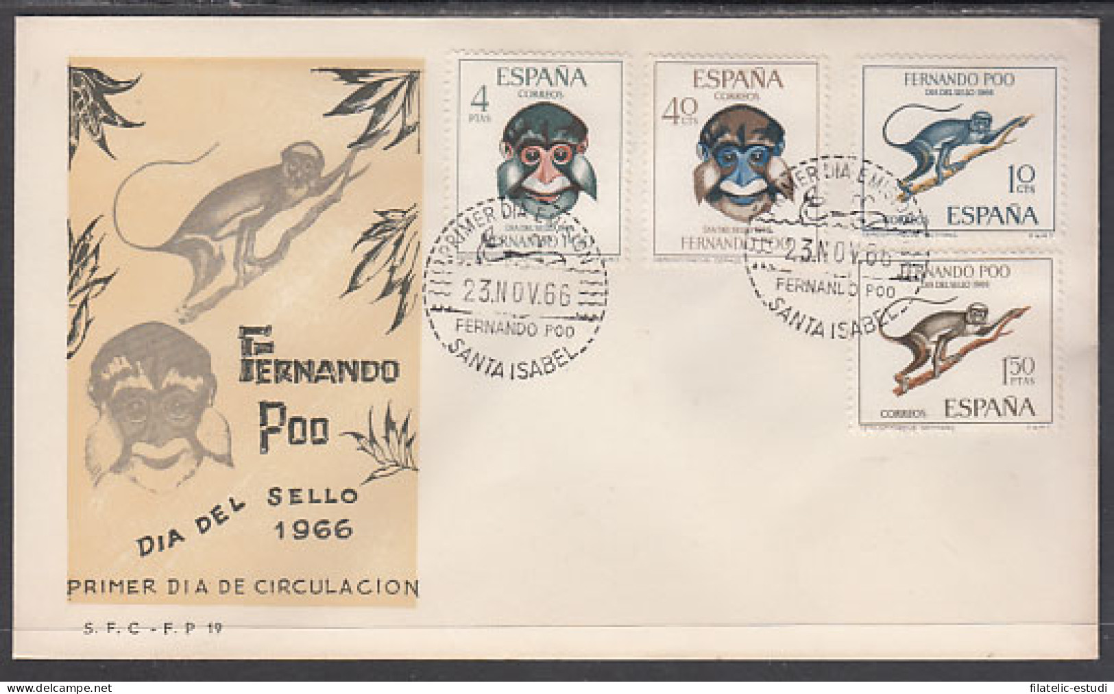 FERNANDO POO 251/54 1966 Día Del Sello Fauna (mono), SPD Sobre Primer Día - Fernando Po